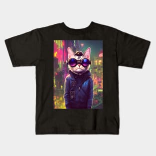 Techno Cat In Japan Neon City Kids T-Shirt